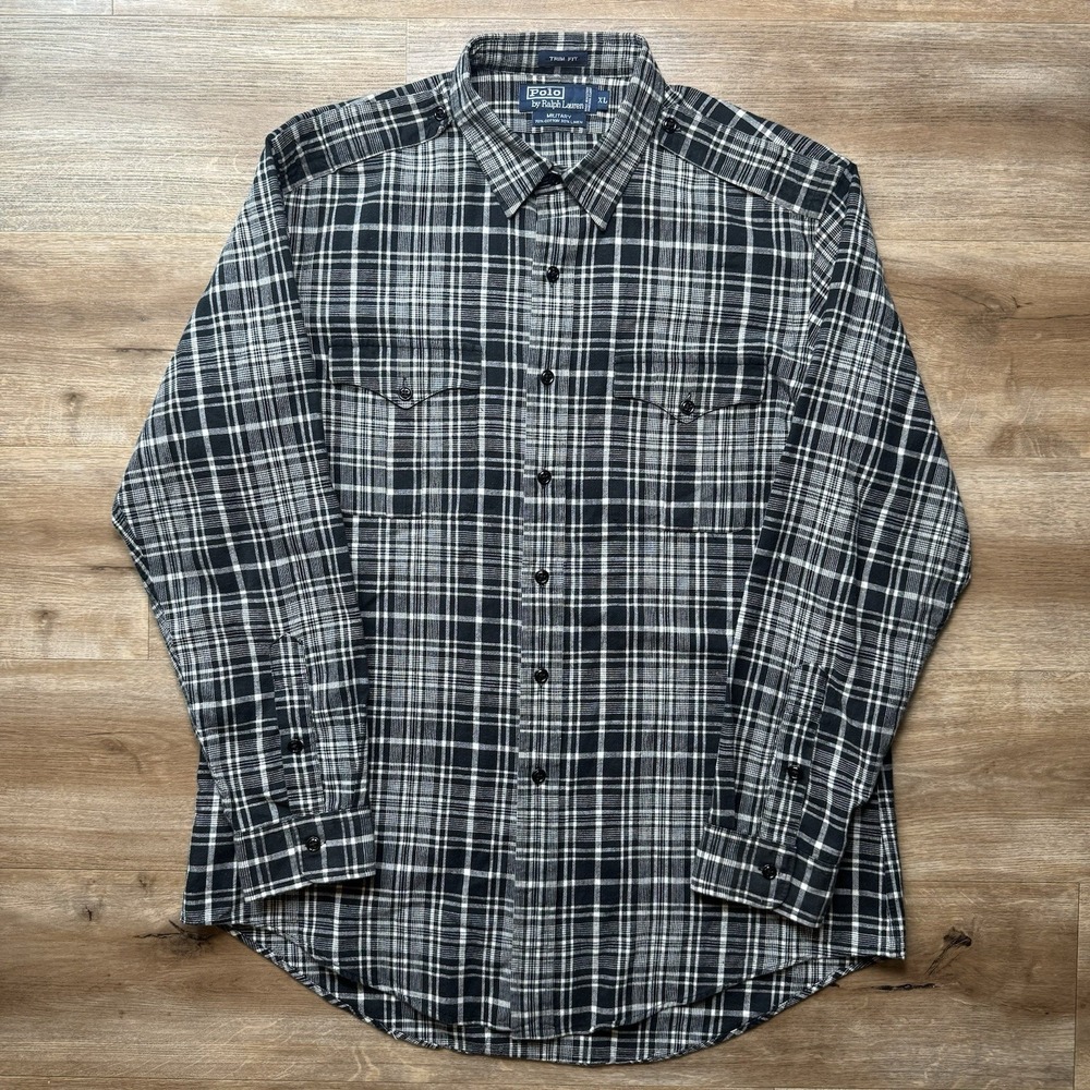Polo Ralph Lauren Military Trim Button Up Shirt Men XL Black Plaid Linen Vintage - Picture 2 of 7